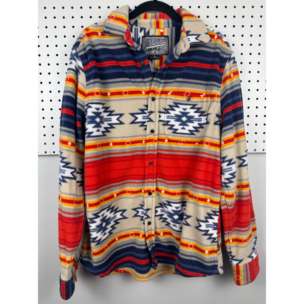 Mens Fleece Southwestern Aztec print Gorpcore Geometric Button Down Shirt Large